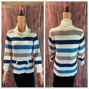 Style & Co. PM MP medium petite white blue & gray stripped comfy turtle neck